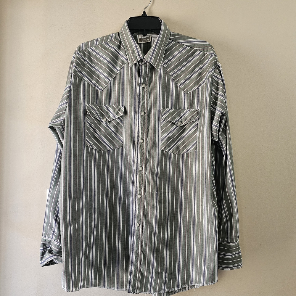 Vintage Express Riders Pearl Snap Western Shirt Mens Large Green Stripe USA Made